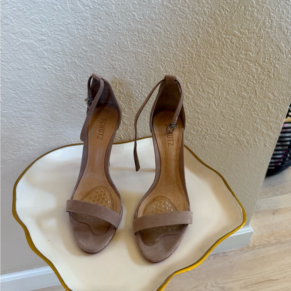 SCHUTZ Tan Stiletto Heels with Transparent Strap
